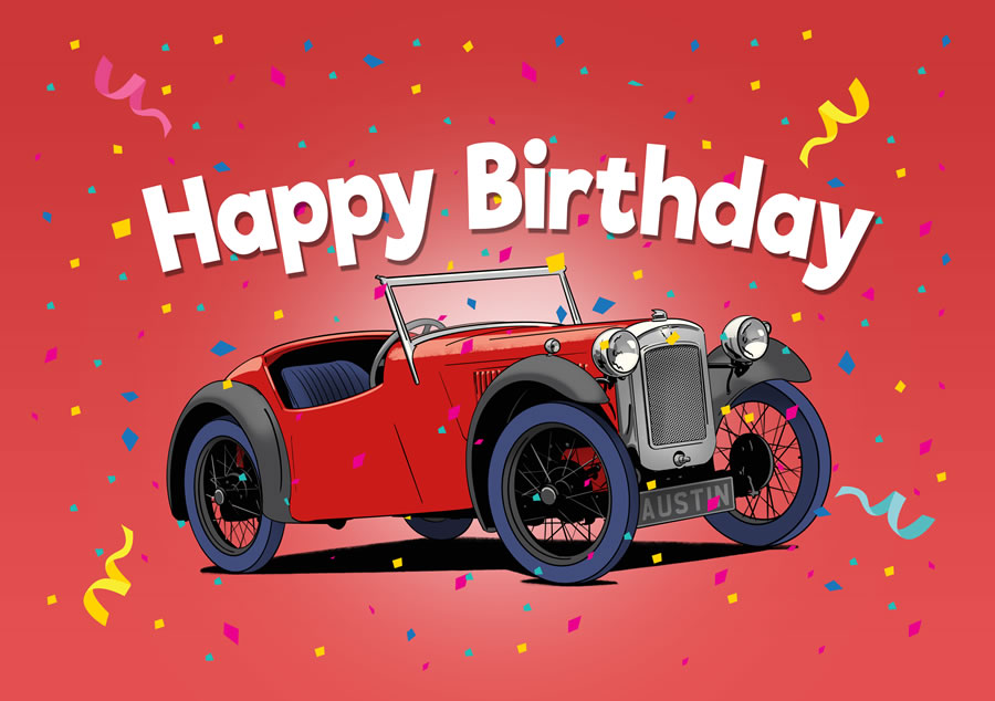 Vintage Car Austin 7 Birthday Card Illustration